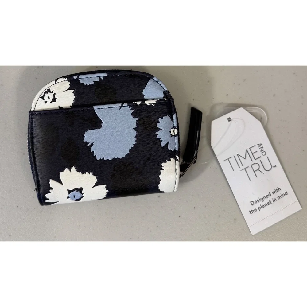 Time and Tru Zip Around Wallet Small Navy Blue Floral Card Case NEW